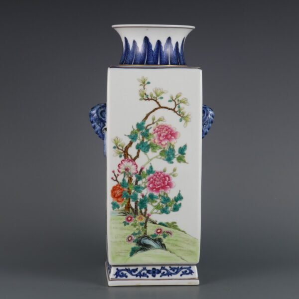 Qing Dynasty Qianlong period blue and white with pink four seasons pattern animal ears square vase