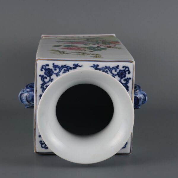 Qing Dynasty Qianlong period blue and white with pink four seasons pattern animal ears square vase - Image 7