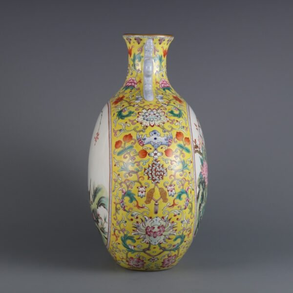Yellow ground famille rose flat vase with flower and bird patterns - Image 3