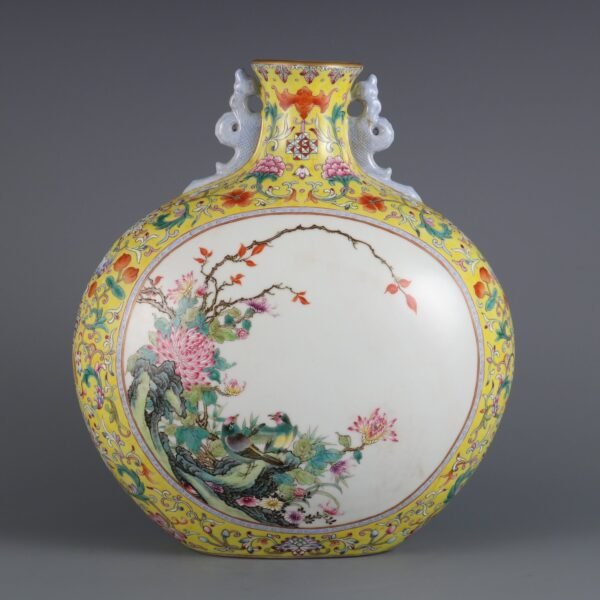 Yellow ground famille rose flat vase with flower and bird patterns - Image 2