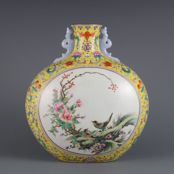 Yellow ground famille rose flat vase with flower and bird patterns