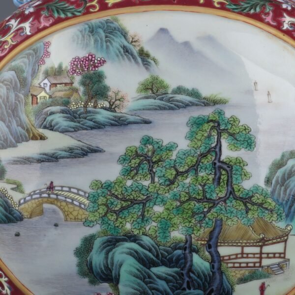 Qing Dynasty Qianlong Period Rouge Red Window Landscape Pavilion Glass Dragon Ear Flat Vase - Image 4