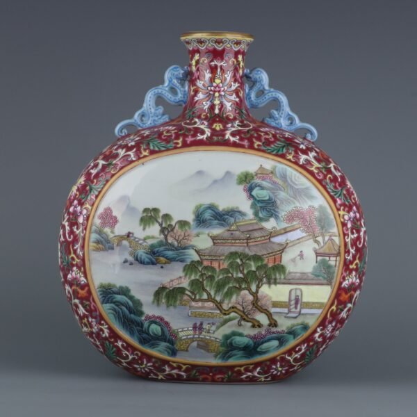 Qing Dynasty Qianlong Period Rouge Red Window Landscape Pavilion Glass Dragon Ear Flat Vase - Image 2