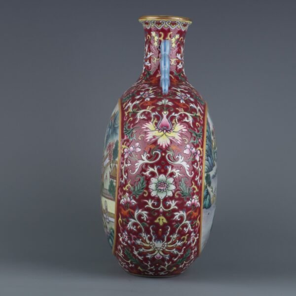 Qing Dynasty Qianlong Period Rouge Red Window Landscape Pavilion Glass Dragon Ear Flat Vase - Image 5