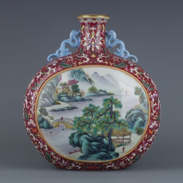 Qing Dynasty Qianlong Period Rouge Red Window Landscape Pavilion Glass Dragon Ear Flat Vase