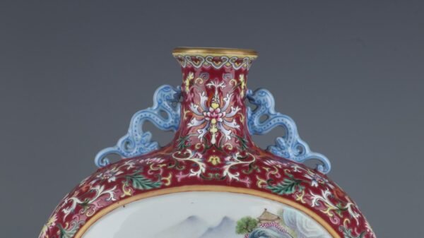 Qing Dynasty Qianlong Period Rouge Red Window Landscape Pavilion Glass Dragon Ear Flat Vase - Image 6