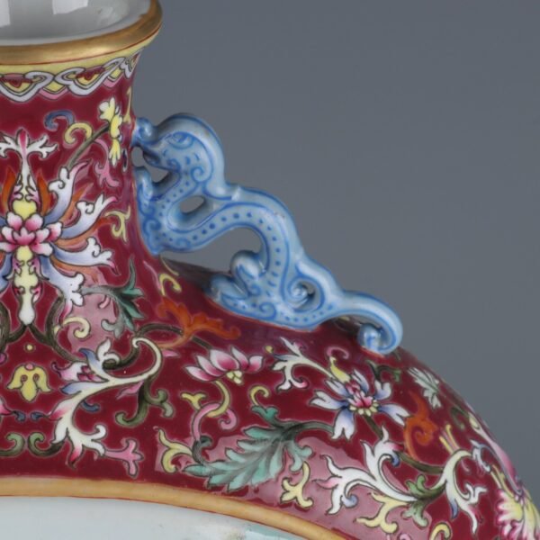 Qing Dynasty Qianlong Period Rouge Red Window Landscape Pavilion Glass Dragon Ear Flat Vase - Image 7