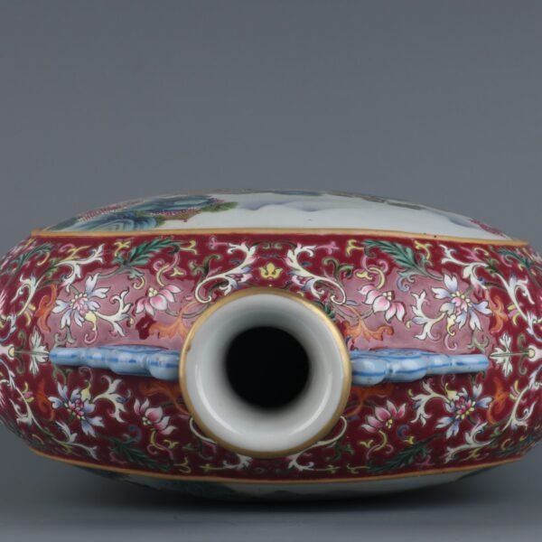 Qing Dynasty Qianlong Period Rouge Red Window Landscape Pavilion Glass Dragon Ear Flat Vase - Image 8