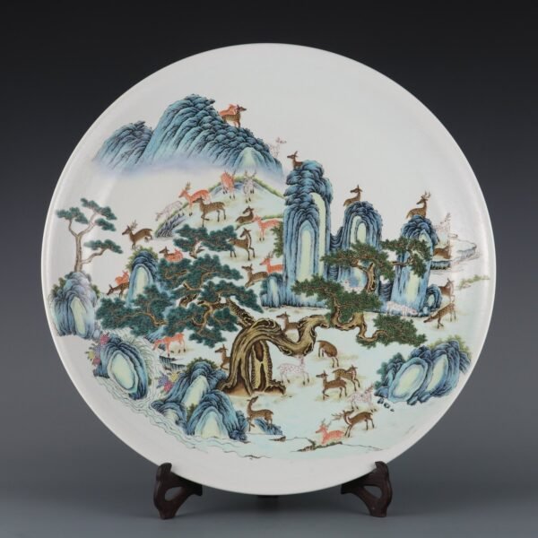 Qing Qianlong period pastel enamel deer picture large plate