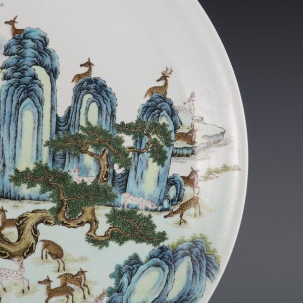 Qing Qianlong period pastel enamel deer picture large plate - Image 3