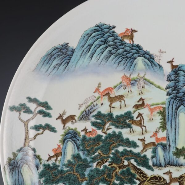 Qing Qianlong period pastel enamel deer picture large plate - Image 5