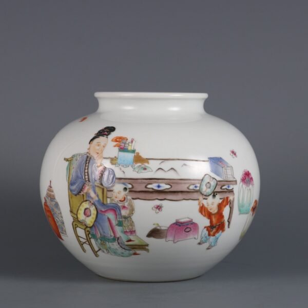 Qing Dynasty Qianlong Period Famille rose three mothers teach their children pomegranate jar