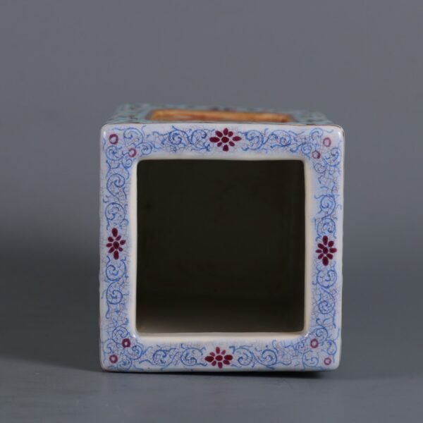 Qing Dynasty Qianlong period pink glazed square pen holder with flowers and poems on the window - Image 6