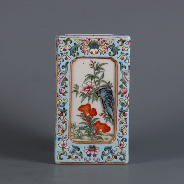 Qing Dynasty Qianlong period pink glazed square pen holder with flowers and poems on the window