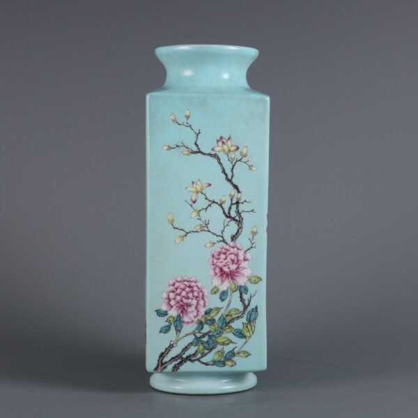 Qing Dynasty Jiaqing Period Turquoise Green Ground Pastel Four Seasons Flowers Square Vase
