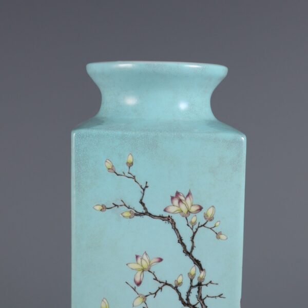 Qing Dynasty Jiaqing Period Turquoise Green Ground Pastel Four Seasons Flowers Square Vase - Image 3