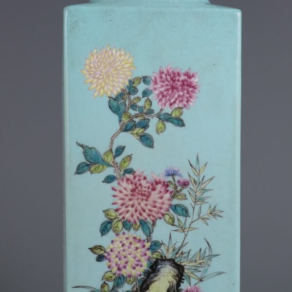 Qing Dynasty Jiaqing Period Turquoise Green Ground Pastel Four Seasons Flowers Square Vase - Image 4
