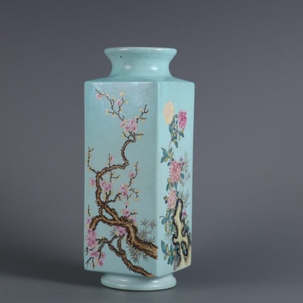 Qing Dynasty Jiaqing Period Turquoise Green Ground Pastel Four Seasons Flowers Square Vase - Image 5