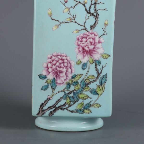 Qing Dynasty Jiaqing Period Turquoise Green Ground Pastel Four Seasons Flowers Square Vase - Image 6