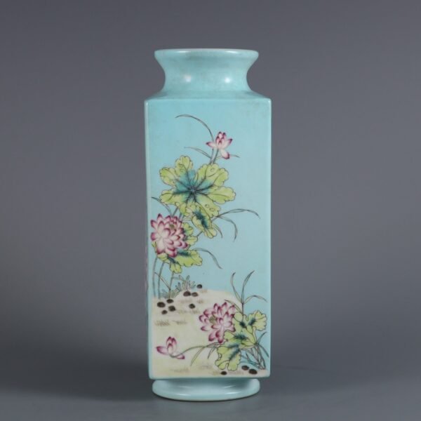 Qing Dynasty Jiaqing Period Turquoise Green Ground Pastel Four Seasons Flowers Square Vase - Image 2