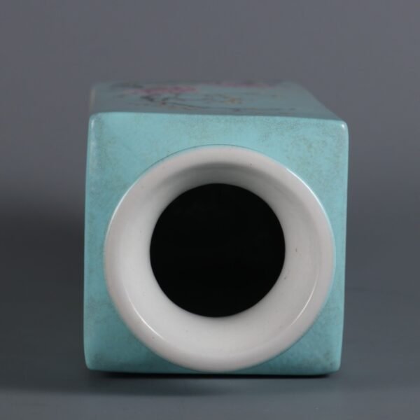Qing Dynasty Jiaqing Period Turquoise Green Ground Pastel Four Seasons Flowers Square Vase - Image 7