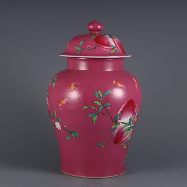 Rouge-red ground enamel nine peach pattern general jar made in the Qianlong period of the Qing Dynas - Image 2