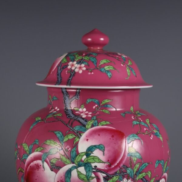 Rouge-red ground enamel nine peach pattern general jar made in the Qianlong period of the Qing Dynas - Image 6