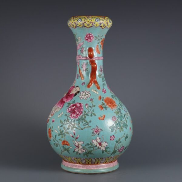 Qing Daoguang Period Turquoise Green Ground Famille Rose Flower Figure Carving Double Ear Vase - Image 3