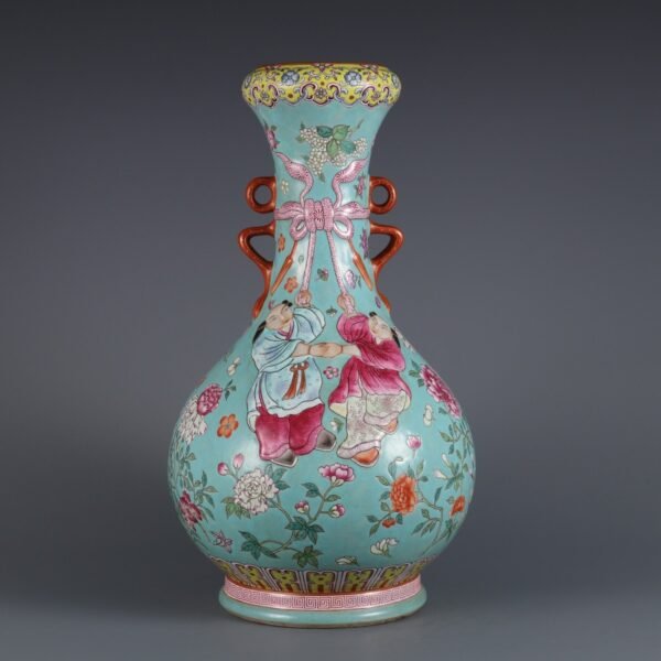 Qing Daoguang Period Turquoise Green Ground Famille Rose Flower Figure Carving Double Ear Vase