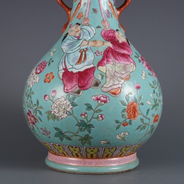 Qing Daoguang Period Turquoise Green Ground Famille Rose Flower Figure Carving Double Ear Vase - Image 4