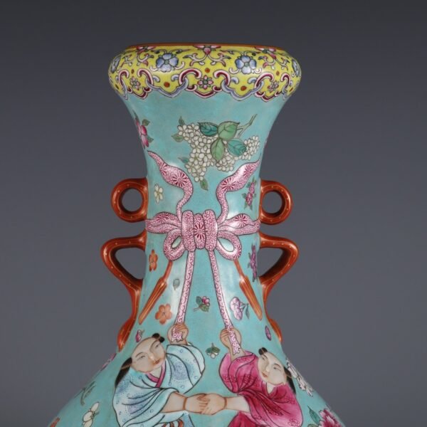 Qing Daoguang Period Turquoise Green Ground Famille Rose Flower Figure Carving Double Ear Vase - Image 5