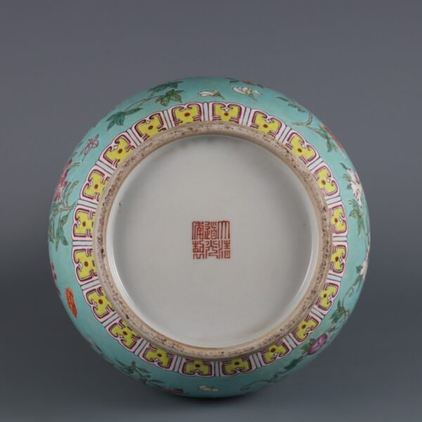 Qing Daoguang Period Turquoise Green Ground Famille Rose Flower Figure Carving Double Ear Vase - Image 8