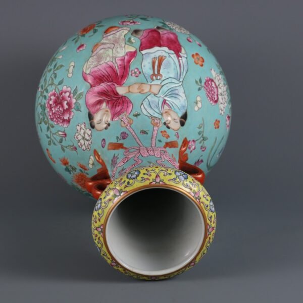 Qing Daoguang Period Turquoise Green Ground Famille Rose Flower Figure Carving Double Ear Vase - Image 6