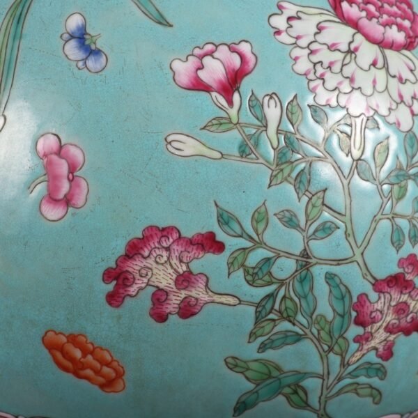 Qing Daoguang Period Turquoise Green Ground Famille Rose Flower Figure Carving Double Ear Vase - Image 7