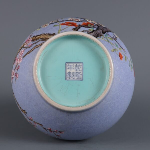 Qing Dynasty Qianlong Period Blue Ground Peach-colored Magpie Climbing Plum Blossom Appreciation - Image 8