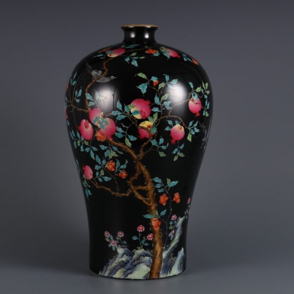 Qing Dynasty Yongzheng Period Black Ground Famille Rose Pomegranate Pattern Poem Plum Vase