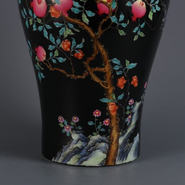 Qing Dynasty Yongzheng Period Black Ground Famille Rose Pomegranate Pattern Poem Plum Vase - Image 4