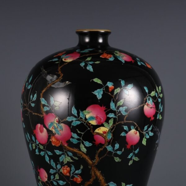 Qing Dynasty Yongzheng Period Black Ground Famille Rose Pomegranate Pattern Poem Plum Vase - Image 6