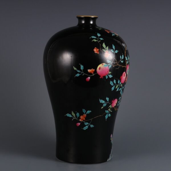 Qing Dynasty Yongzheng Period Black Ground Famille Rose Pomegranate Pattern Poem Plum Vase - Image 2