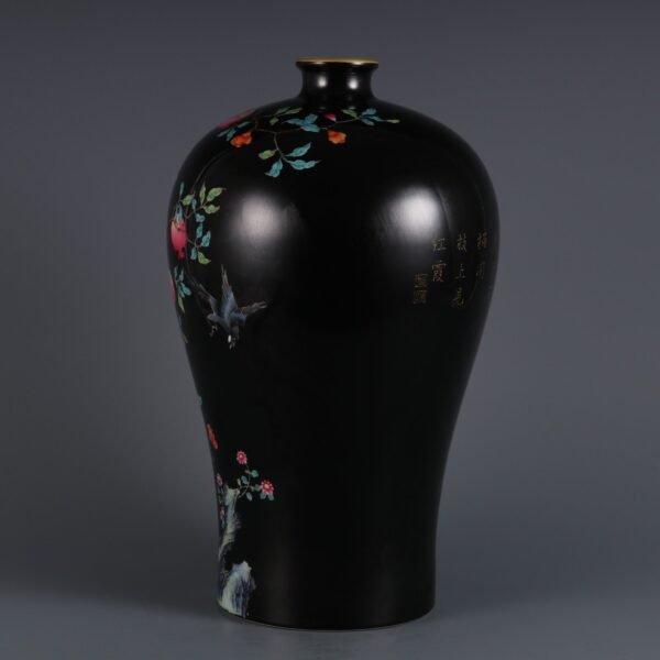 Qing Dynasty Yongzheng Period Black Ground Famille Rose Pomegranate Pattern Poem Plum Vase - Image 7