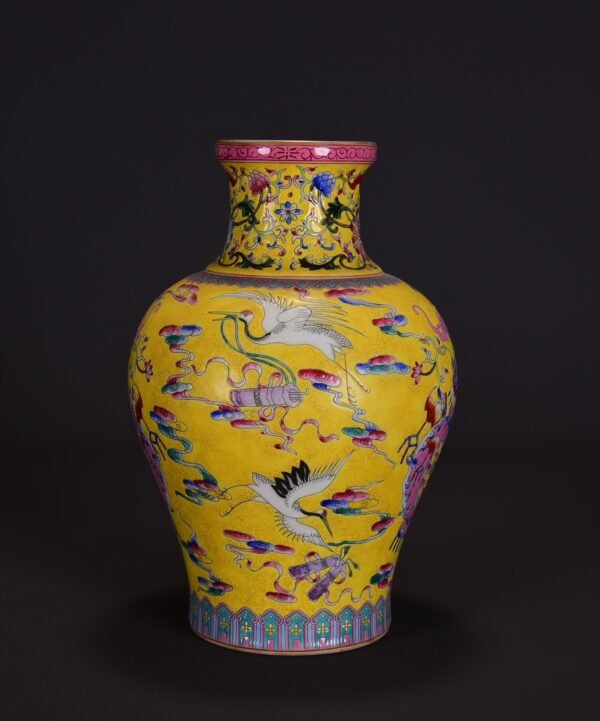 old collection of yellow ground famille rose multi-treasure pattern plate-mouth vase - Image 2