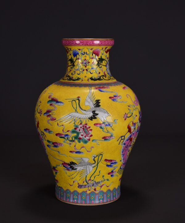 old collection of yellow ground famille rose multi-treasure pattern plate-mouth vase - Image 5