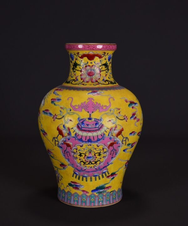 old collection of yellow ground famille rose multi-treasure pattern plate-mouth vase - Image 6