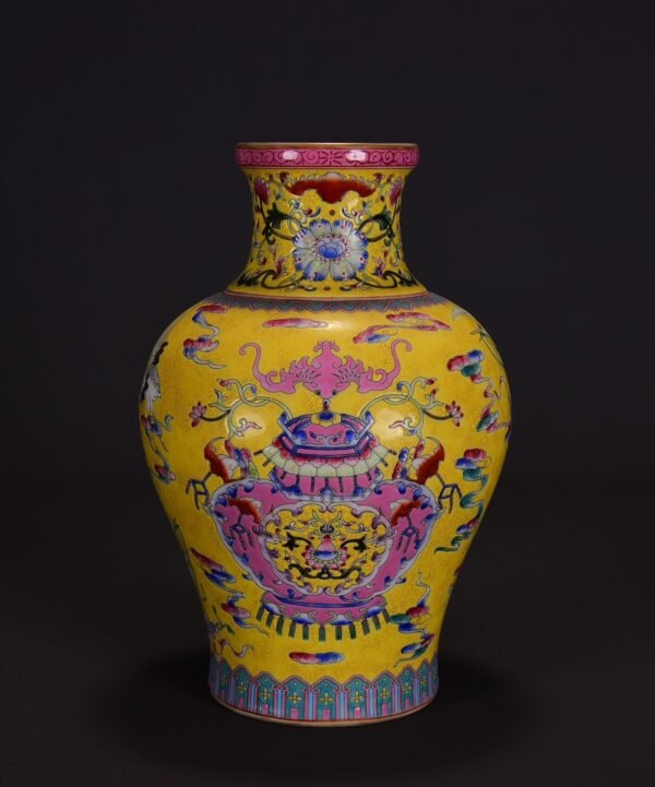 old collection of yellow ground famille rose multi-treasure pattern plate-mouth vase