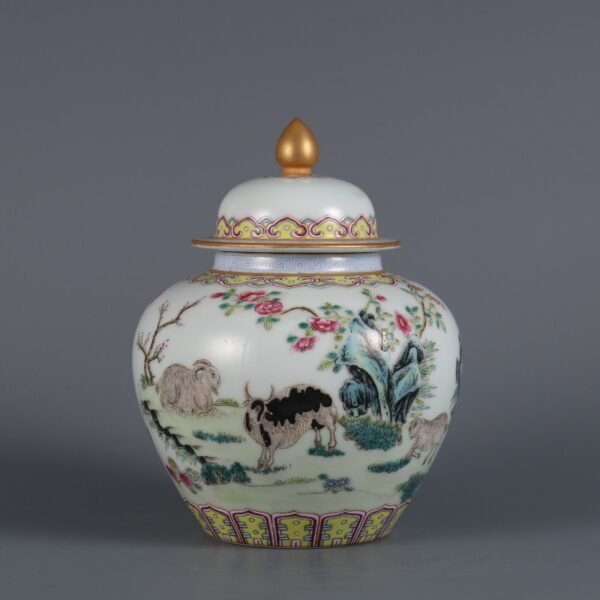 Qing Dynasty Yongzheng Period Famille Rose Three Goats Bring Good Luck Tea Can - Image 2