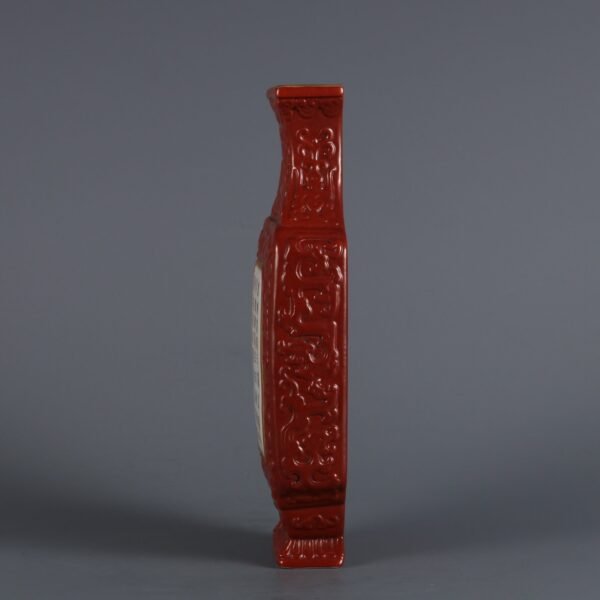 Qing Dynasty Qianlong Period Coral Red Bottom Carved Kuilong Open Window Poem Hanging Vase - Image 8