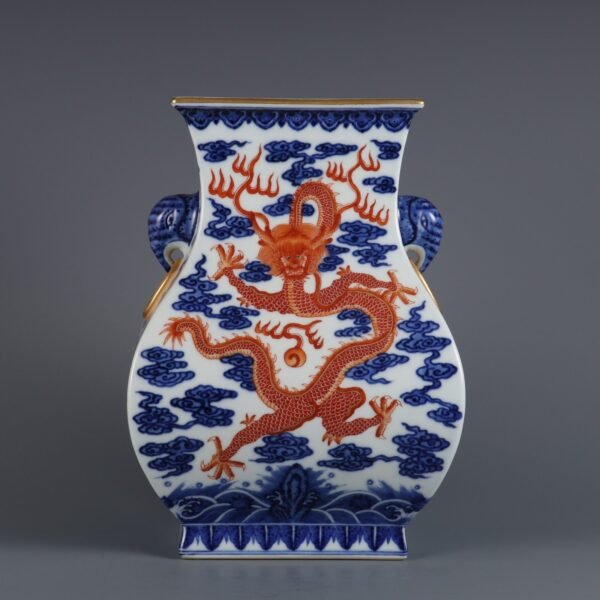 Qing Dynasty Qianlong period blue white with alum red cloud dragon pattern elephant ear square vase