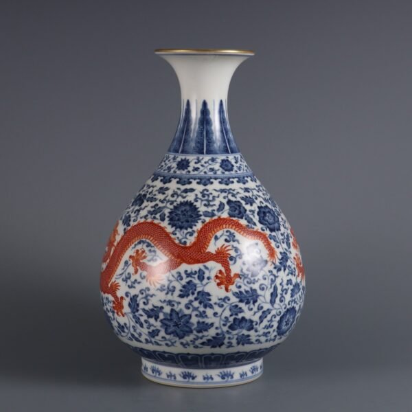 Qing Dynasty Yongzheng Period Blue and White with Alum Red Double Dragons Wearing Flowers Jade - Image 6