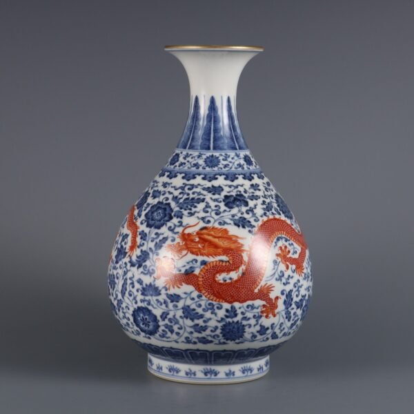 Qing Dynasty Yongzheng Period Blue and White with Alum Red Double Dragons Wearing Flowers Jade - Image 2