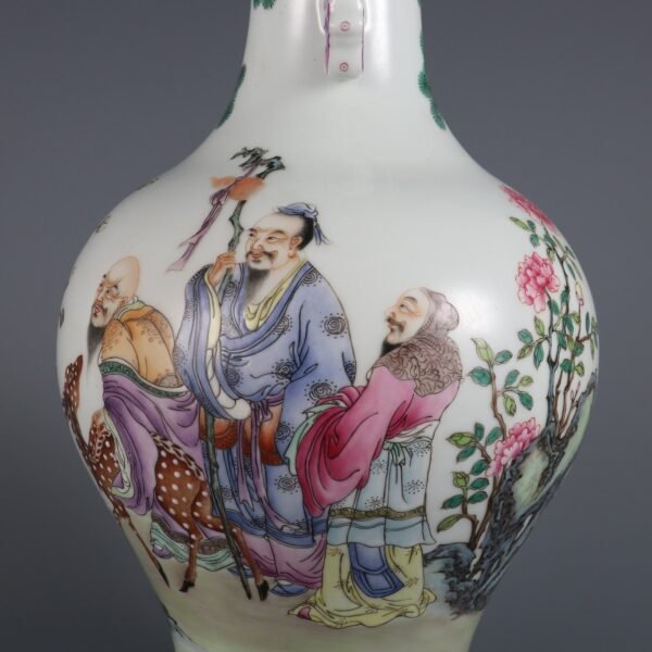 Qing Dynasty Qianlong period pink enamel Fu Lu Shou double-ear cloud mouth vase - Image 7